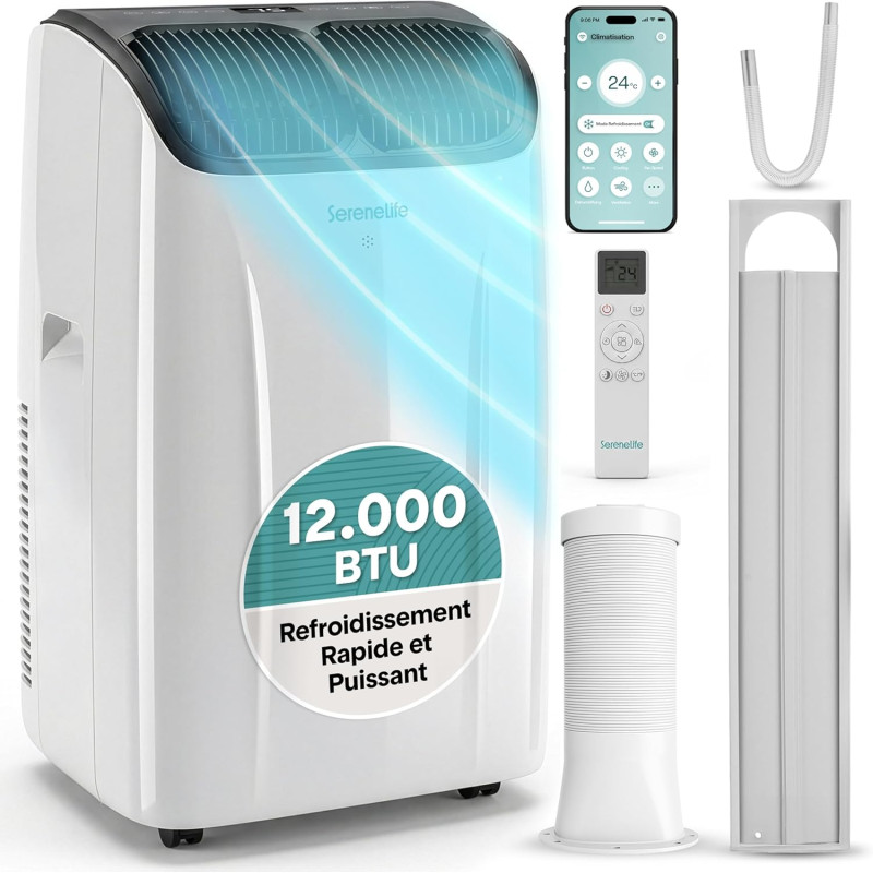 SereneLife Climatiseur Portable 12 000 BTU – Clim Mobile 4 en 1 Silencieuse avec WiFi, Rafraîchisseur d’Air SereneLife Climatiseur Portable 12 000 BTU – Clim Mobile 4 en 1 Silencieuse avec WiFi, Rafraîchisseur d’Air
