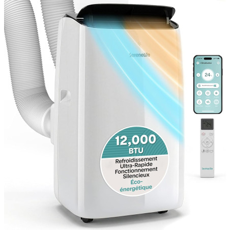 SereneLife Climatiseur Mobile Inverter A+++ 12000 BTU Double Tuyau – 4 en 1