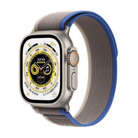 Apple Watch Ultra + Cellular, caja de titanio de 49 mm con hebilla de rastro azul / gris Tamaño S / M