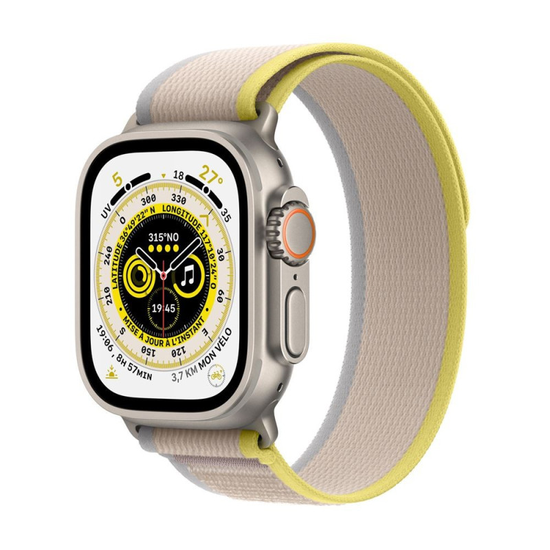 Apple Watch Ultra + Cellular, boîtier Titane 49mm avec Boucle Trail Jaune / Beige Taille S/M Apple Watch Ultra + Cellular, boîtier Titane 49mm avec Boucle Trail Jaune / Beige Taille S/M