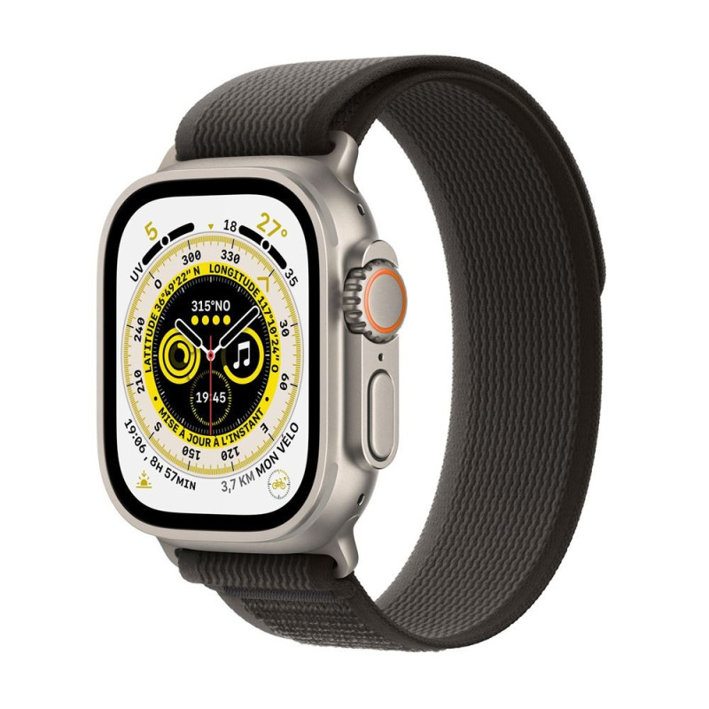 Apple Watch Ultra + Cellular, boîtier Titane 49mm avec Boucle Trail Noir / Gris Taille M/L Apple Watch Ultra + Cellular, boîtier Titane 49mm avec Boucle Trail Noir / Gris Taille M/L