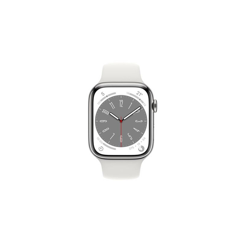 Apple Watch Series 8 GPS + Cellular, boîtier Aluminium Argent 45mm avec Bracelet Sport Blanc Apple Watch Series 8 GPS + Cellular, boîtier Aluminium Argent 45mm avec Bracelet Sport Blanc