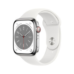 Apple Watch Series 8 GPS + Cellular, caja de aluminio plateado de 45 mm con correa deportiva blanca