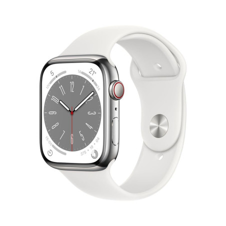 Apple Watch Series 8 GPS + Cellular, boîtier Aluminium Argent 45mm avec Bracelet Sport Blanc