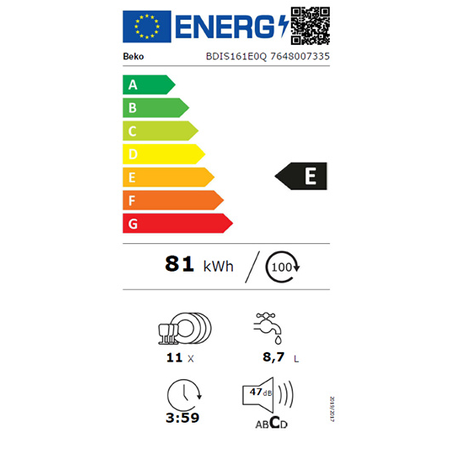 Lave-vaisselle BEKO ENCASTRABLE - BDIS161E0Q 45CM